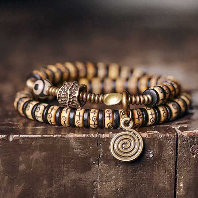 KarmaRipple's Yak Bone Ebony Wood Bronze Brass Strength Double Wrap Bracelet p1