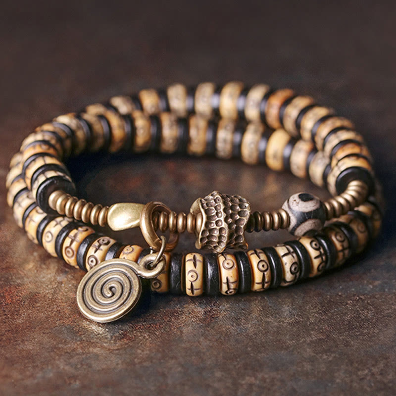 KarmaRipple's Yak Bone Ebony Wood Bronze Brass Strength Double Wrap Bracelet p2