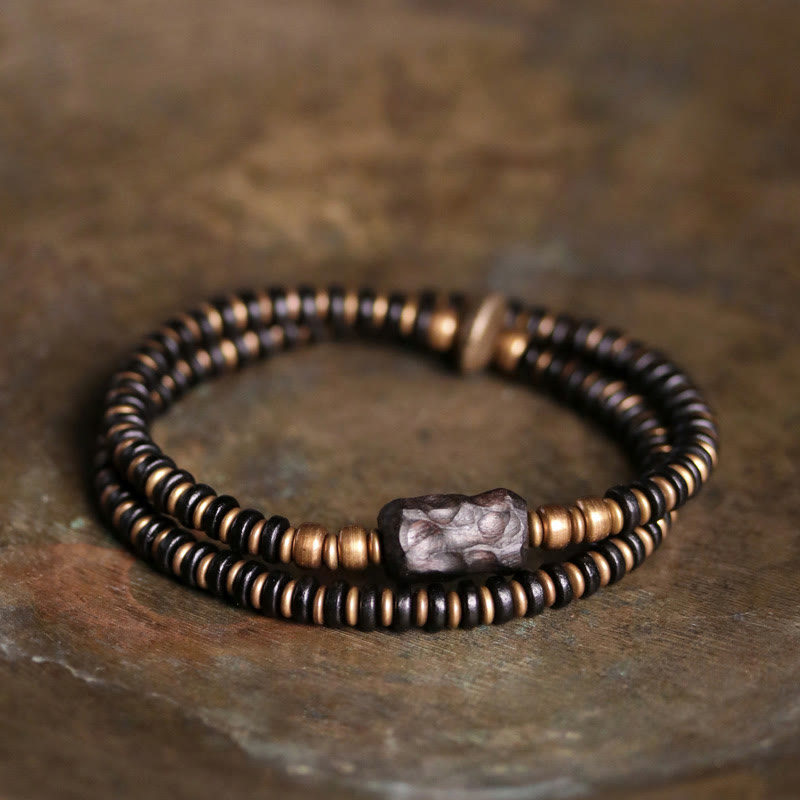 KarmaRipple's Ebony Wood Green Sandalwood Bronze Brass Calm Double Wrap Bracelet p1