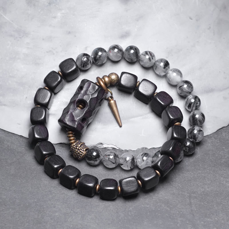 KarmaRipple's Ebony Wood Black Rutilated Quartz Bronze Brass Double Wrap Balance Bracelet p1