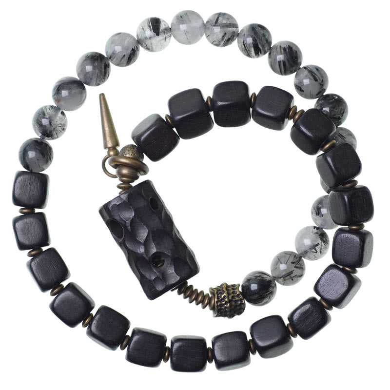 KarmaRipple's Ebony Wood Black Rutilated Quartz Bronze Brass Double Wrap Balance Bracelet p13