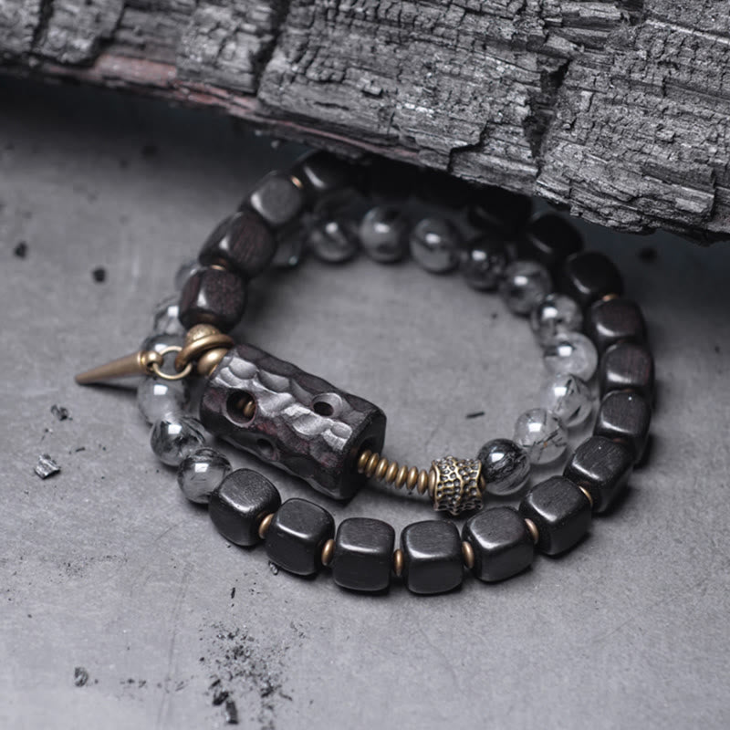 KarmaRipple's Ebony Wood Black Rutilated Quartz Bronze Brass Double Wrap Balance Bracelet p2