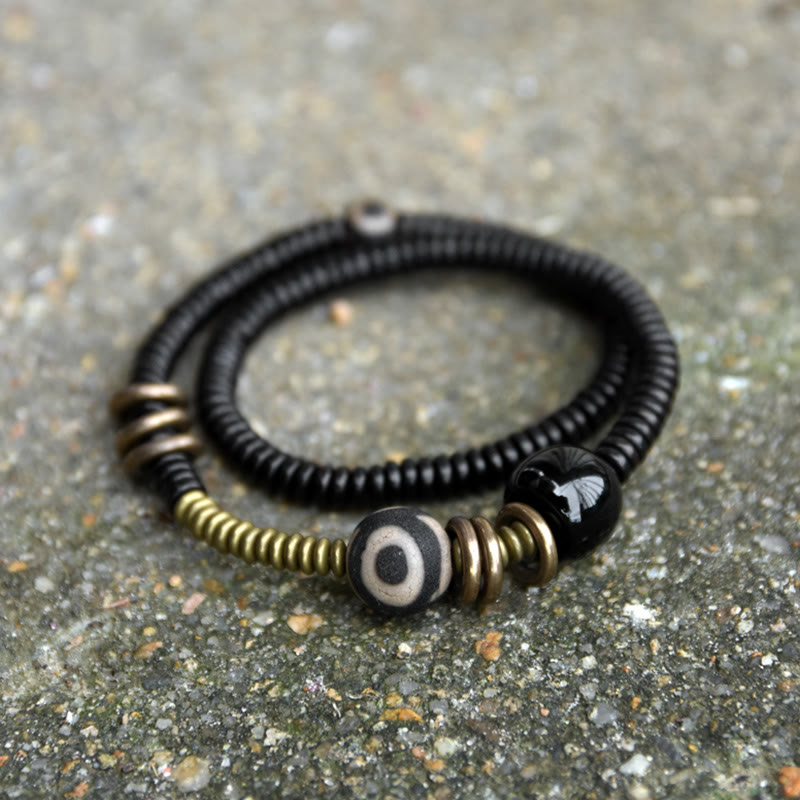 KarmaRipple's Ebony Wood Green Sandalwood Bronze Brass Dzi Bead Black Onyx Calm Double Wrap Bracelet p1