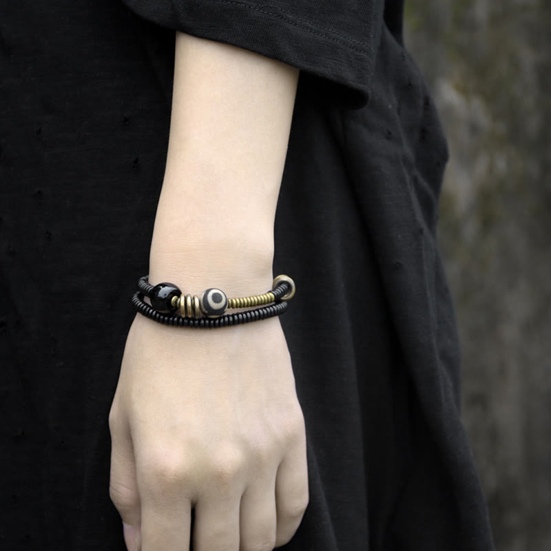 KarmaRipple's Ebony Wood Green Sandalwood Bronze Brass Dzi Bead Black Onyx Calm Double Wrap Bracelet p6