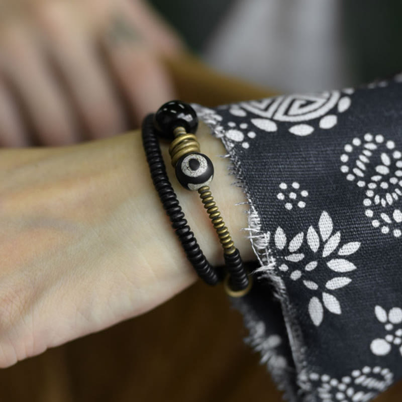 KarmaRipple's Ebony Wood Green Sandalwood Bronze Brass Dzi Bead Black Onyx Calm Double Wrap Bracelet p14