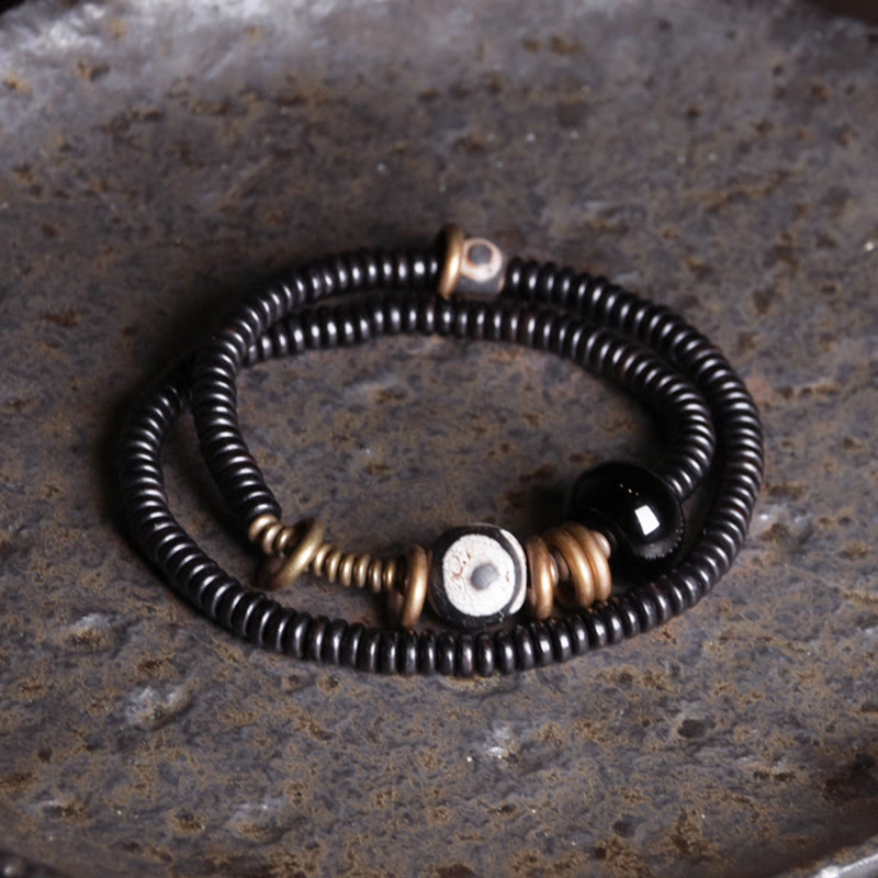 KarmaRipple's Ebony Wood Green Sandalwood Bronze Brass Dzi Bead Black Onyx Calm Double Wrap Bracelet p18