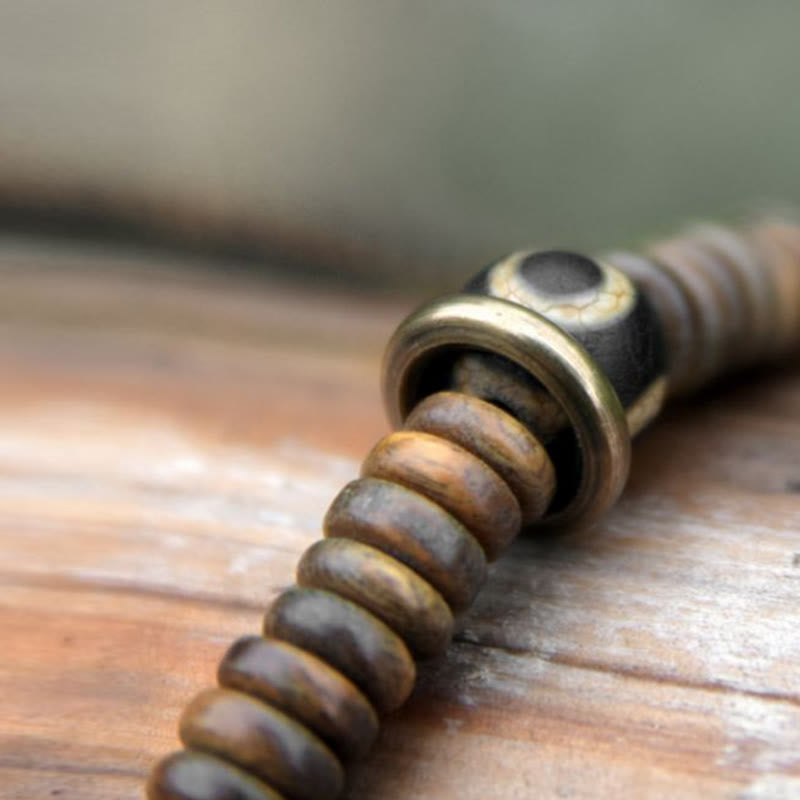 KarmaRipple's Ebony Wood Green Sandalwood Bronze Brass Dzi Bead Black Onyx Calm Double Wrap Bracelet p22