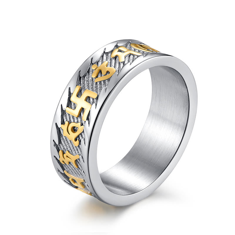 KarmaRipple's Six True Words Om Mani Padme Hum Swastika Titanium Steel Peace Ring p6