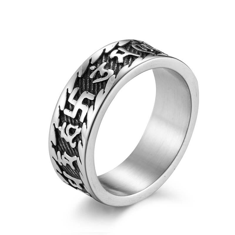 KarmaRipple's Six True Words Om Mani Padme Hum Swastika Titanium Steel Peace Ring p21