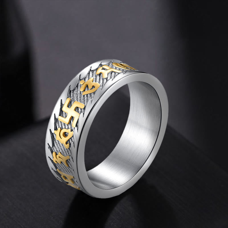 KarmaRipple's Six True Words Om Mani Padme Hum Swastika Titanium Steel Peace Ring p1