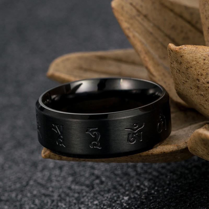 KarmaRipple's Black Jambhala Mantra Titanium Steel Balance Ring p5