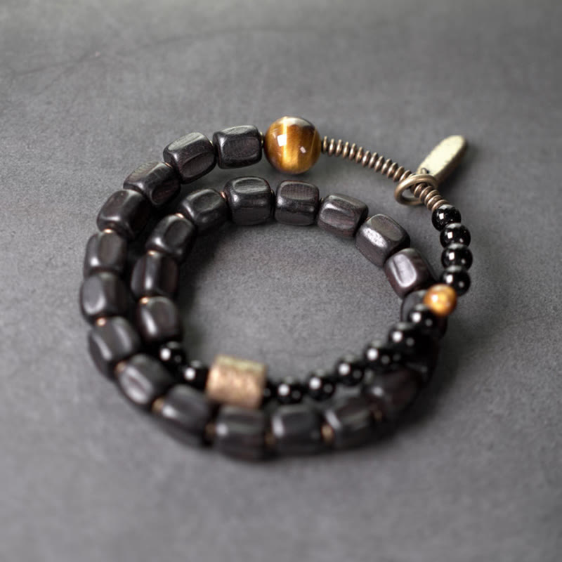 KarmaRipple's Ebony Wood Bronze Brass Tiger Eye Peace Double Wrap Bracelet p2