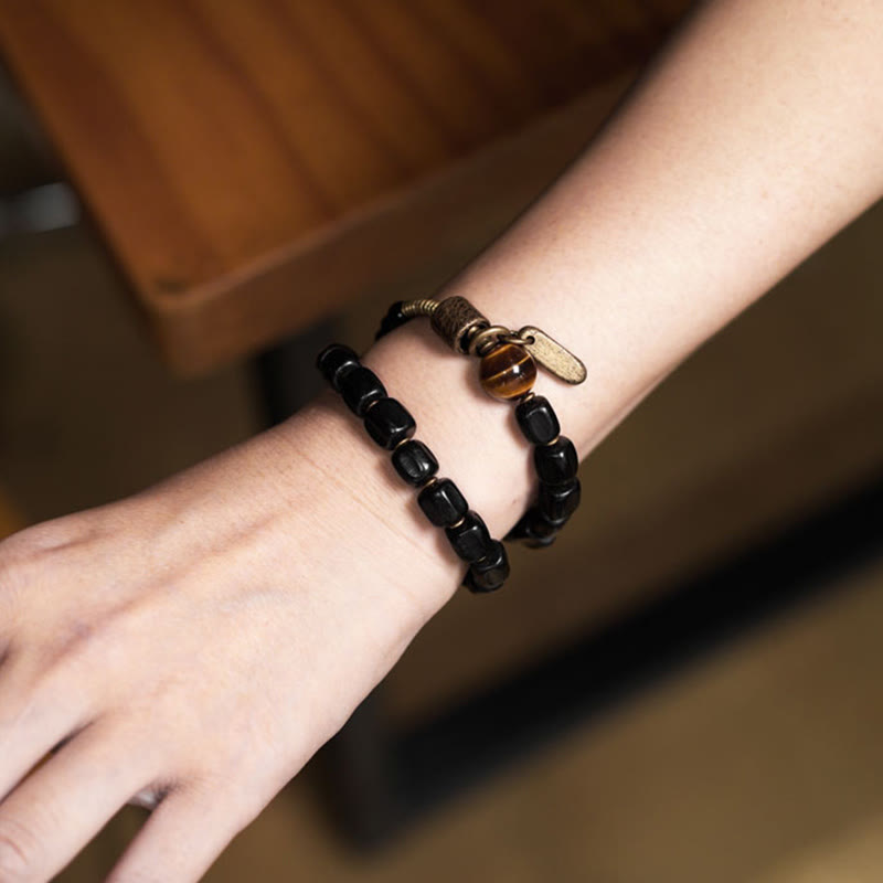 KarmaRipple's Ebony Wood Bronze Brass Tiger Eye Peace Double Wrap Bracelet p14