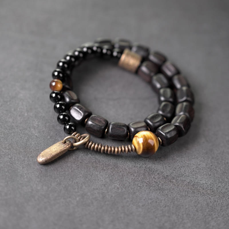 KarmaRipple's Ebony Wood Bronze Brass Tiger Eye Peace Double Wrap Bracelet p9