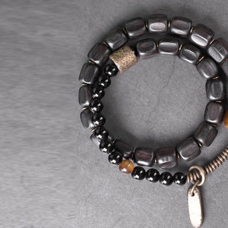 KarmaRipple's Ebony Wood Bronze Brass Tiger Eye Peace Double Wrap Bracelet p11