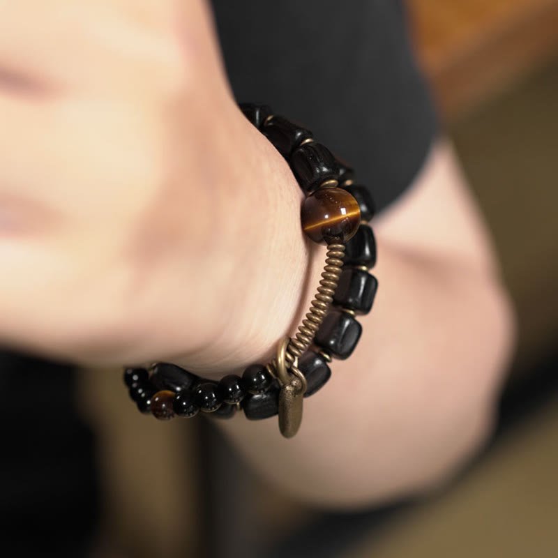 KarmaRipple's Ebony Wood Bronze Brass Tiger Eye Peace Double Wrap Bracelet p15