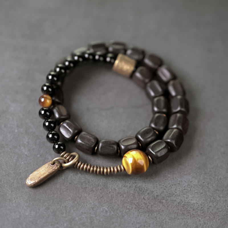 KarmaRipple's Ebony Wood Bronze Brass Tiger Eye Peace Double Wrap Bracelet p1