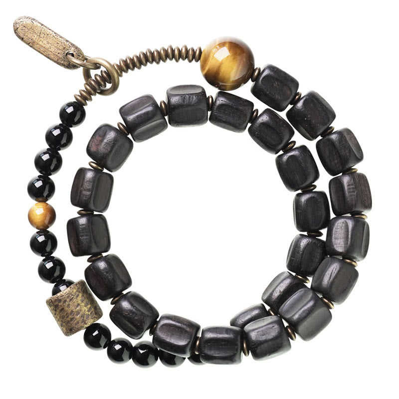 KarmaRipple's Ebony Wood Bronze Brass Tiger Eye Peace Double Wrap Bracelet p18