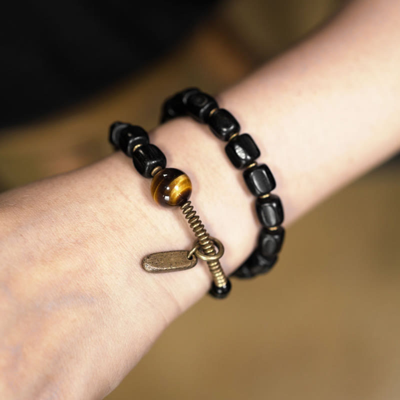 KarmaRipple's Ebony Wood Bronze Brass Tiger Eye Peace Double Wrap Bracelet p12