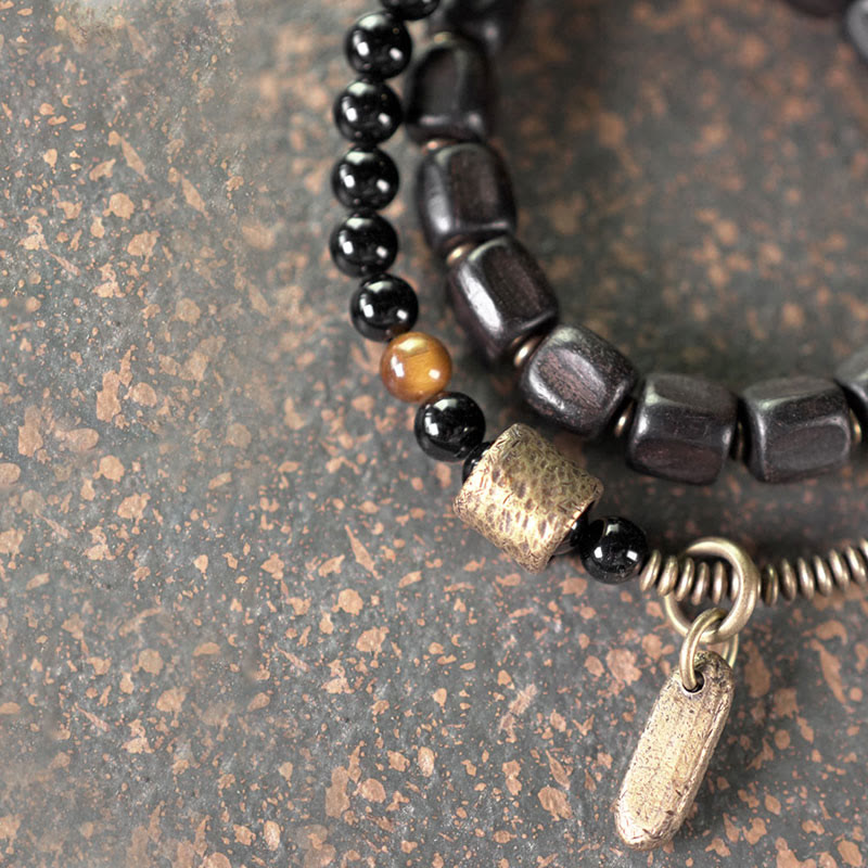 KarmaRipple's Ebony Wood Bronze Brass Tiger Eye Peace Double Wrap Bracelet p3