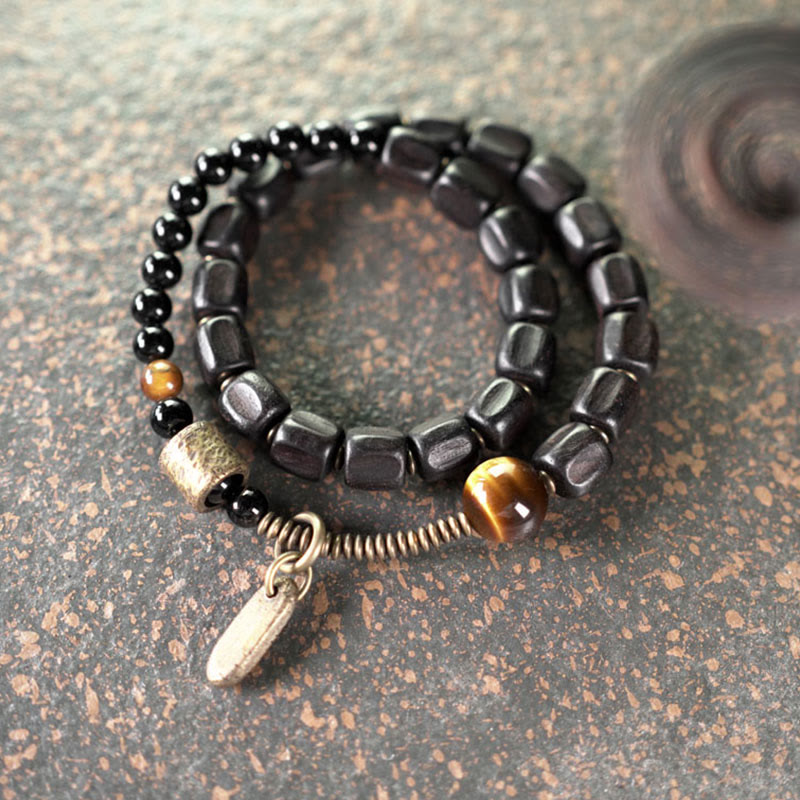 KarmaRipple's Ebony Wood Bronze Brass Tiger Eye Peace Double Wrap Bracelet p10