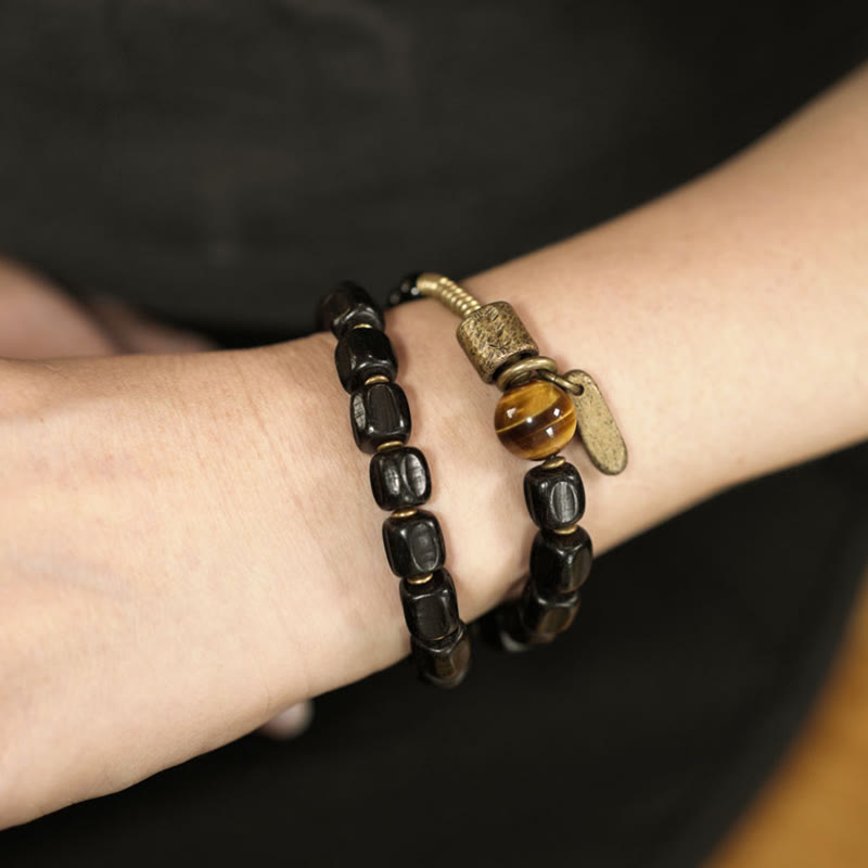 KarmaRipple's Ebony Wood Bronze Brass Tiger Eye Peace Double Wrap Bracelet p5