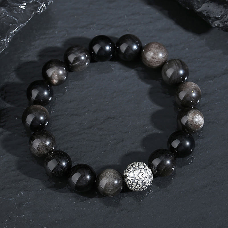 KarmaRipple's Black Obsidian 999 Sterling Silver Purification Fu Character Transformation Bracelet p3