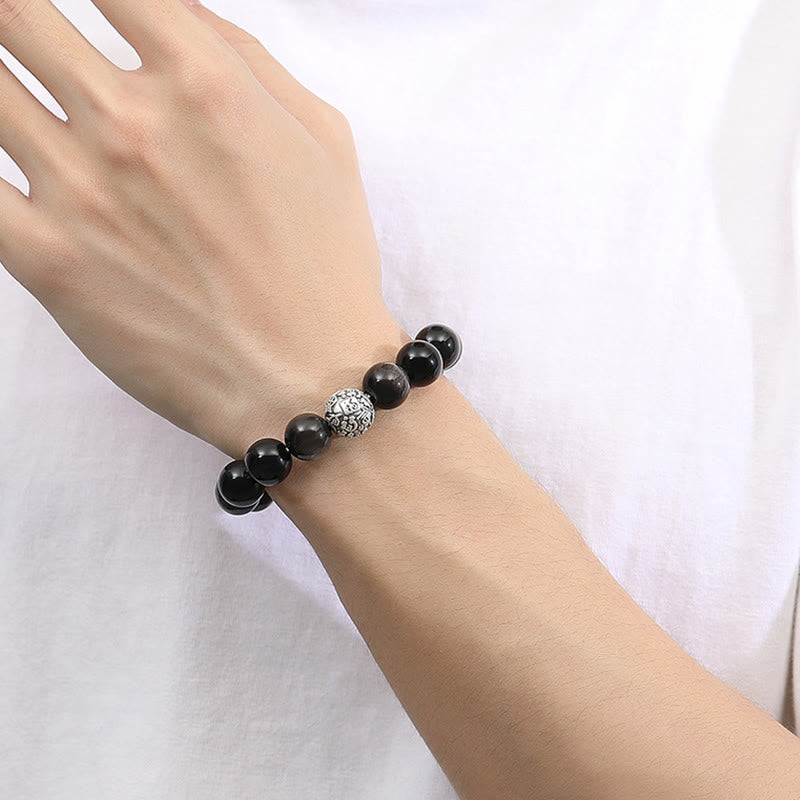 KarmaRipple's Black Obsidian 999 Sterling Silver Purification Fu Character Transformation Bracelet p9