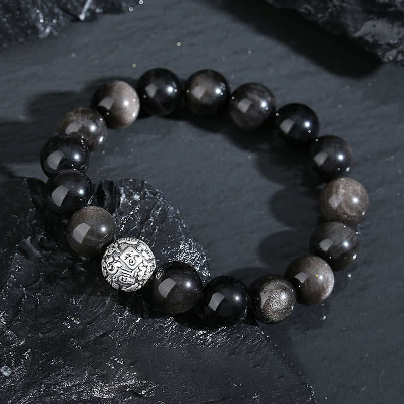 KarmaRipple's Black Obsidian 999 Sterling Silver Purification Fu Character Transformation Bracelet p2