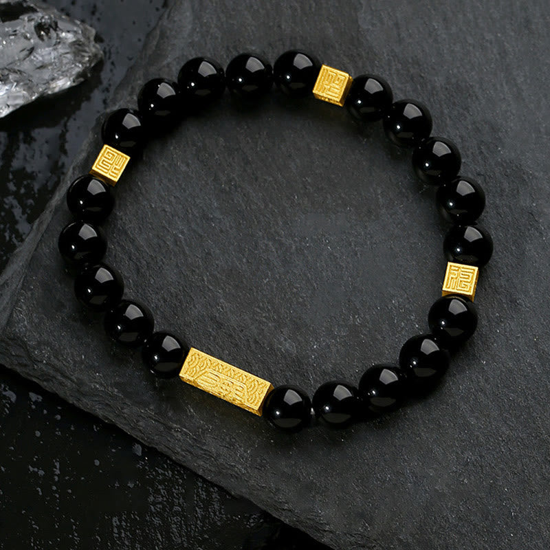 KarmaRipple's Black Obsidian 925 Sterling Silver Fu Character Cube Strength Bracelet p1