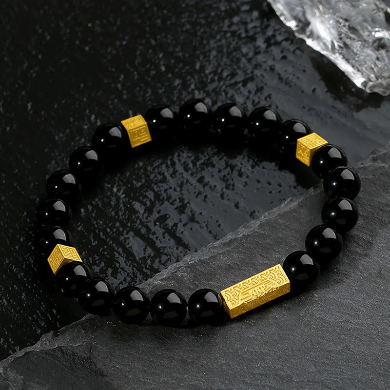 KarmaRipple's Black Obsidian 925 Sterling Silver Fu Character Cube Strength Bracelet p5