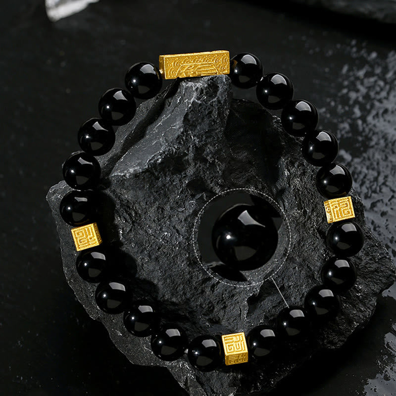 KarmaRipple's Black Obsidian 925 Sterling Silver Fu Character Cube Strength Bracelet p6