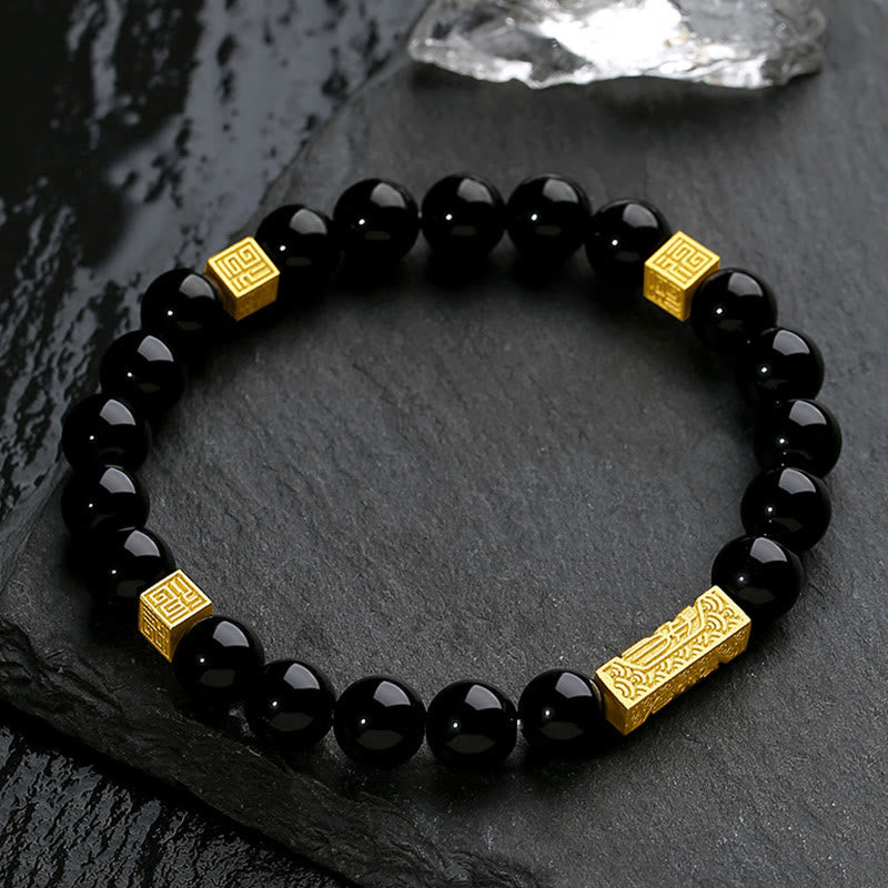 KarmaRipple's Black Obsidian 925 Sterling Silver Fu Character Cube Strength Bracelet p4