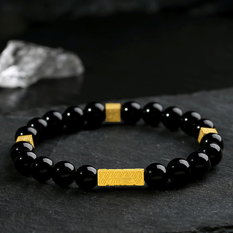 KarmaRipple's Black Obsidian 925 Sterling Silver Fu Character Cube Strength Bracelet p3