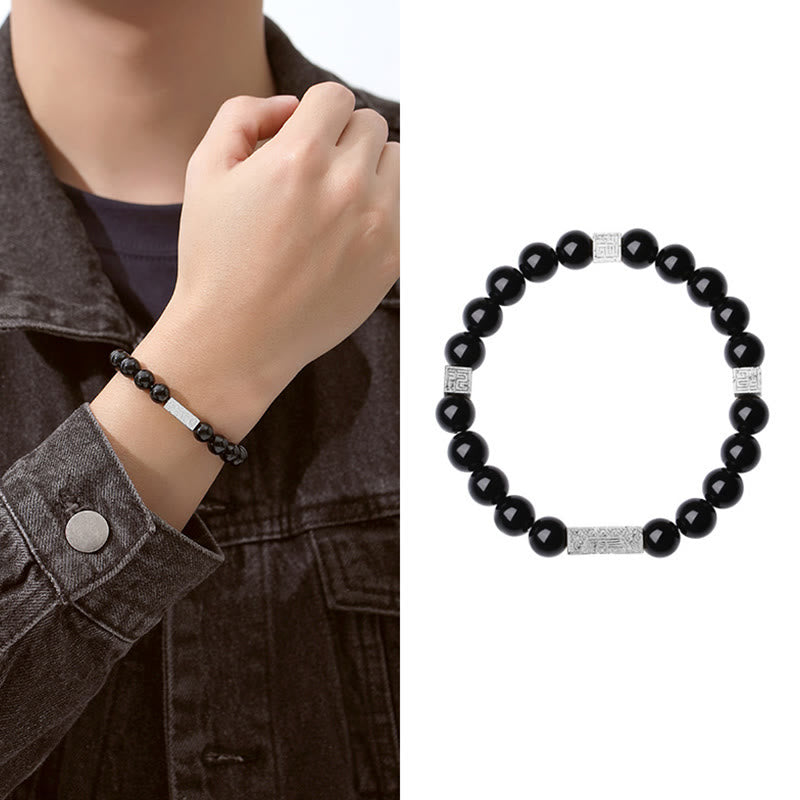KarmaRipple's Black Obsidian 925 Sterling Silver Fu Character Cube Strength Bracelet p2