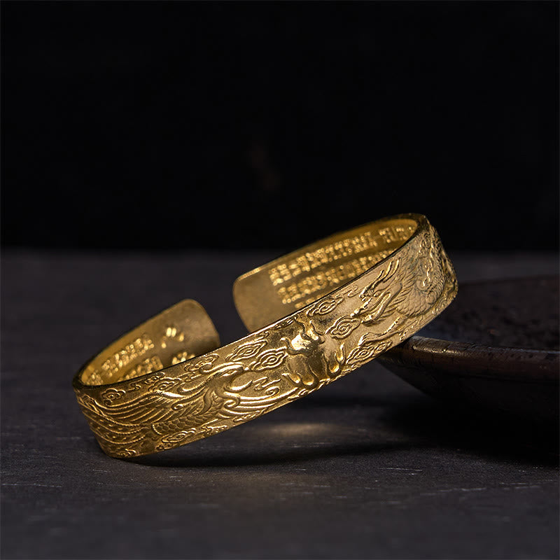 KarmaRipple's Dragon And Phoenix Playing With A Pearl Heart Sutra Carved Bronze Brass Fortune Bracelet Bangle p13