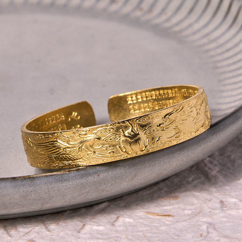 KarmaRipple's Dragon And Phoenix Playing With A Pearl Heart Sutra Carved Bronze Brass Fortune Bracelet Bangle p10