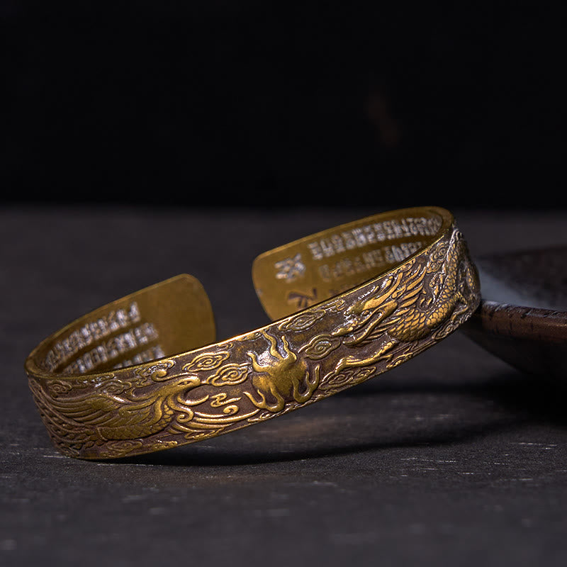 KarmaRipple's Dragon And Phoenix Playing With A Pearl Heart Sutra Carved Bronze Brass Fortune Bracelet Bangle p1