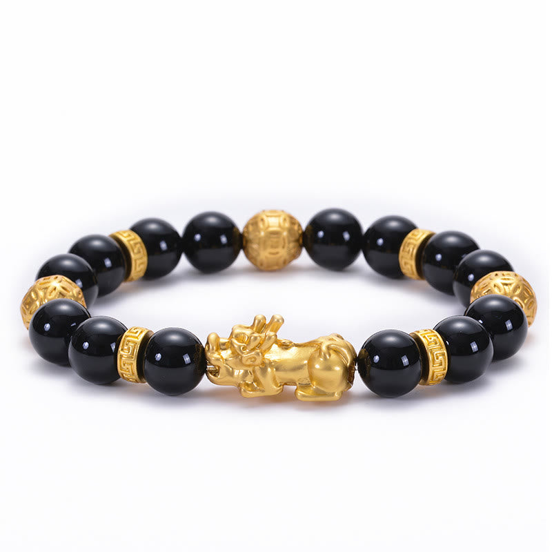 KarmaRipple's Black Obsidian Black Onyx Alloy PiXiu Om Mani Padme Hum Strength Bracelet p14
