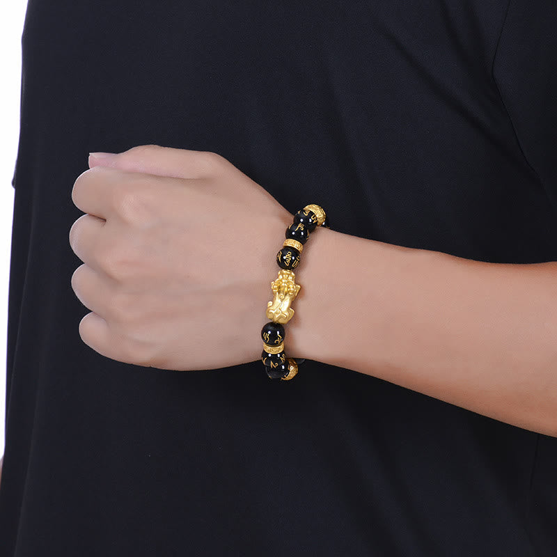 KarmaRipple's Black Obsidian Black Onyx Alloy PiXiu Om Mani Padme Hum Strength Bracelet p5