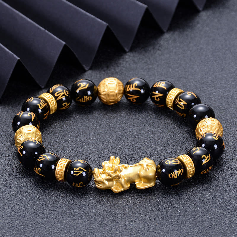 KarmaRipple's Black Obsidian Black Onyx Alloy PiXiu Om Mani Padme Hum Strength Bracelet p3