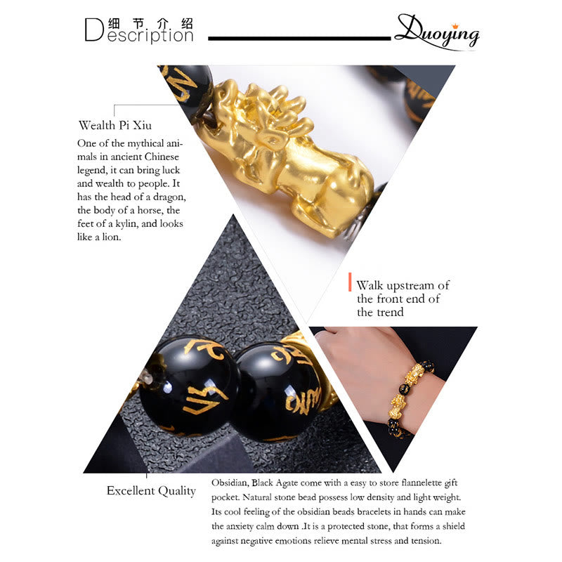 KarmaRipple's Black Obsidian Black Onyx Golden Alloy Two PiXiu Om Mani Padme Hum Strength Bracelet p10