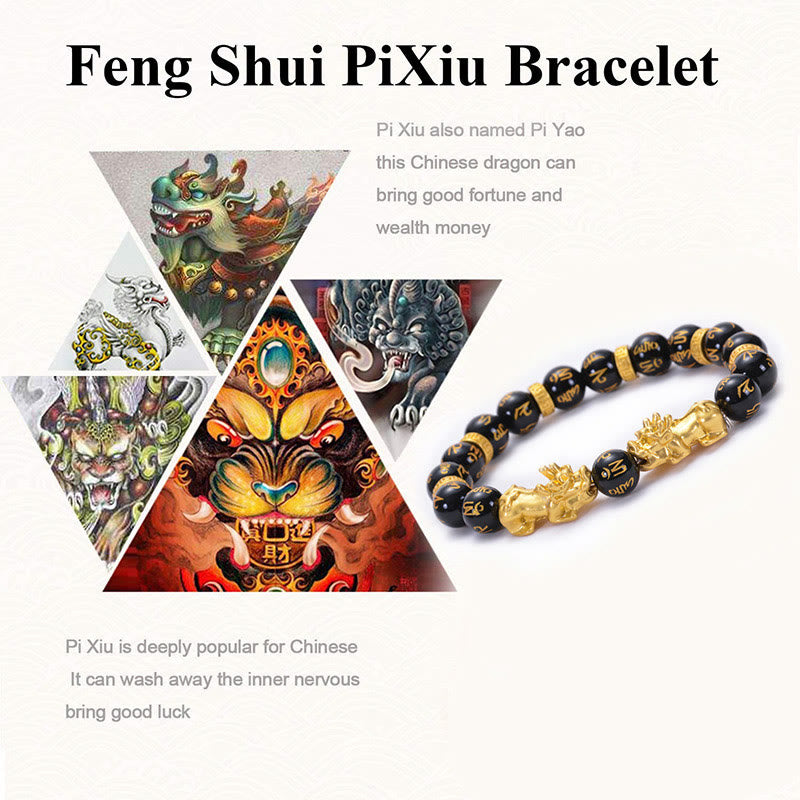 KarmaRipple's Black Obsidian Black Onyx Golden Alloy Two PiXiu Om Mani Padme Hum Strength Bracelet p11