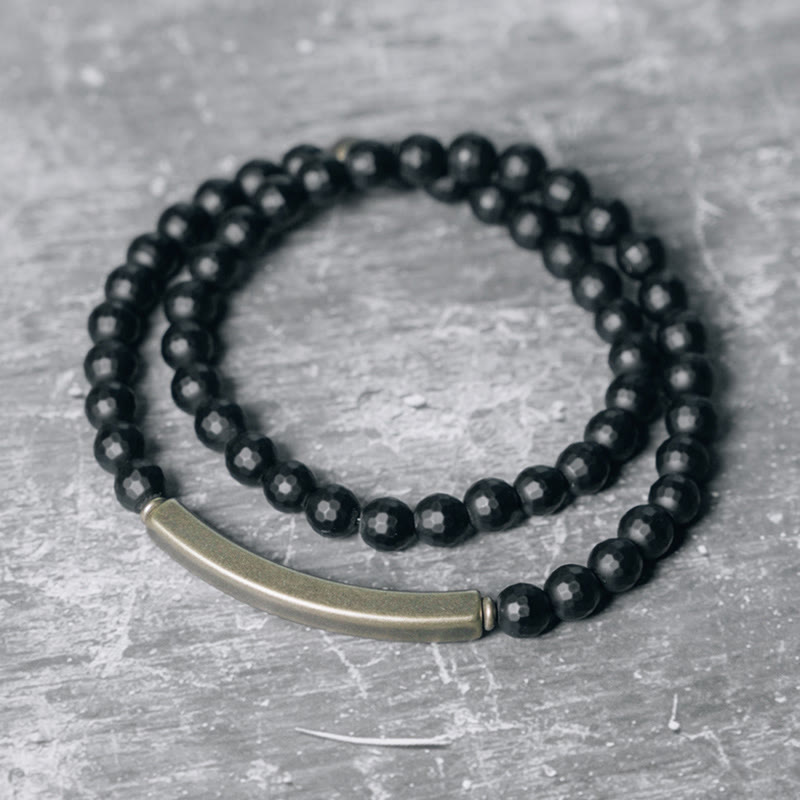 KarmaRipple's Frosted Cut Surface Black Onyx Bronze Brass Double Wrap Protection Bracelet p1