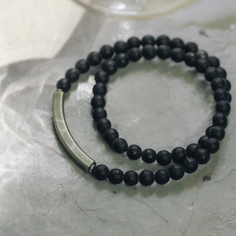 KarmaRipple's Frosted Cut Surface Black Onyx Bronze Brass Double Wrap Protection Bracelet p8
