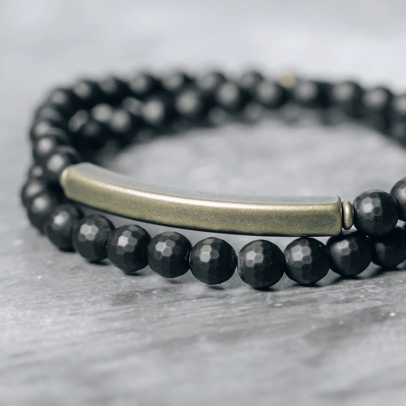KarmaRipple's Frosted Cut Surface Black Onyx Bronze Brass Double Wrap Protection Bracelet p2