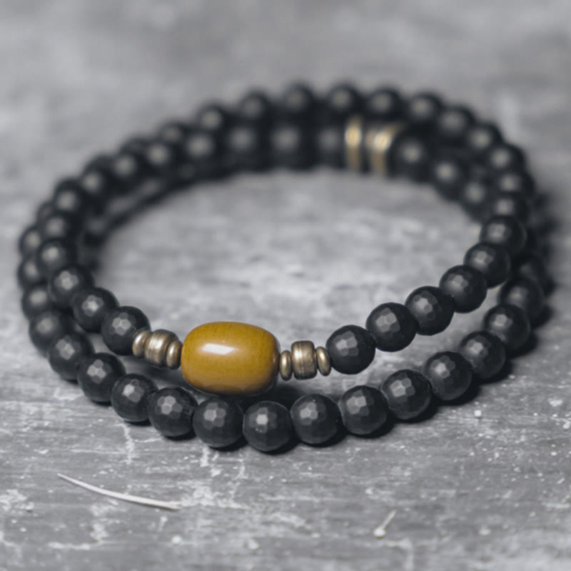 KarmaRipple's Frosted Cut Surface Black Onyx Topaz Beadwork Double Wrap Protection Bracelet p1