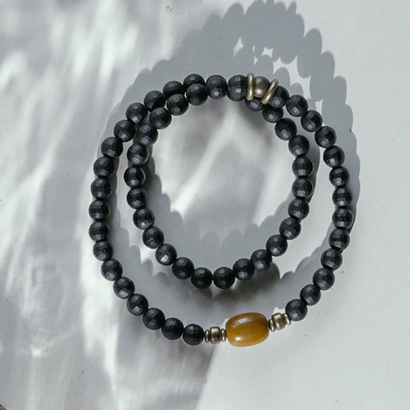 KarmaRipple's Frosted Cut Surface Black Onyx Topaz Beadwork Double Wrap Protection Bracelet p2