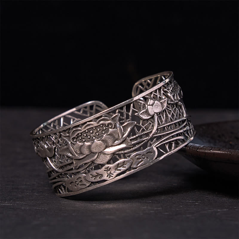 KarmaRipple's Hollow Lotus Silver Plated Bronze Balancing Enlightenment Bracelet Bangle p1