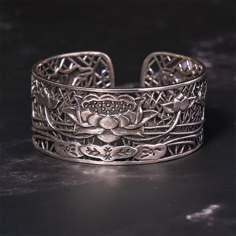 KarmaRipple's Hollow Lotus Silver Plated Bronze Balancing Enlightenment Bracelet Bangle p3